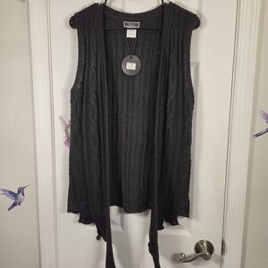 ​Vivid Long Cable Knit Open-Front Sweater Vest Charcoal M Dark Academia